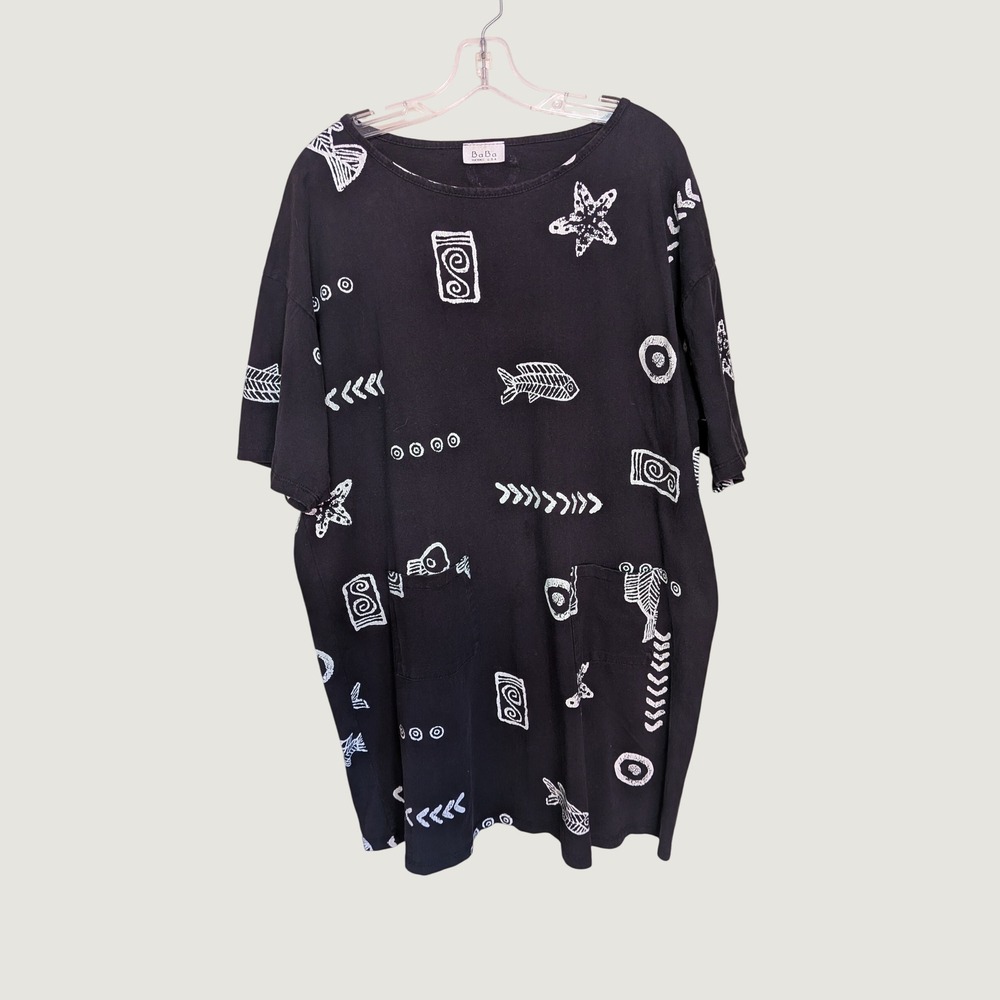 Vintage Baba Made in Hawaii Fish Print T-Shirt Dress Black White